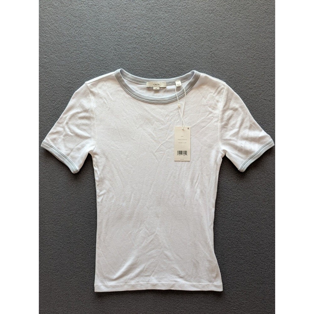 Vince Women’s S White Gray Trim Short Sleeve Crewneck T-Shirt NWT $168 MSRP